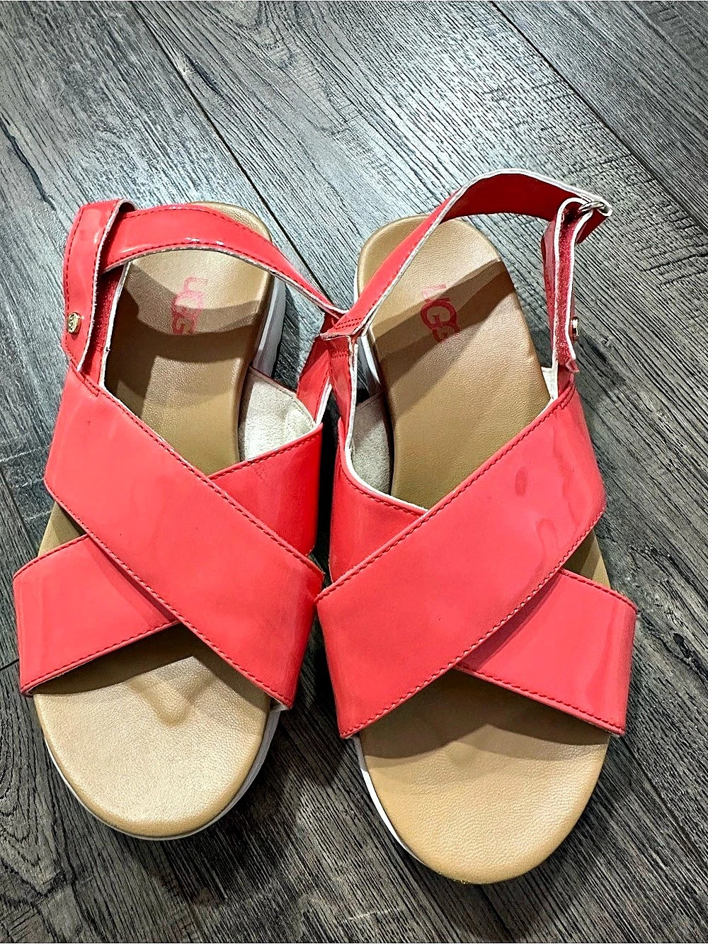 UGG Women’s Size 4 Coral Pink Patent Strappy Flat Sandals EU 36d
